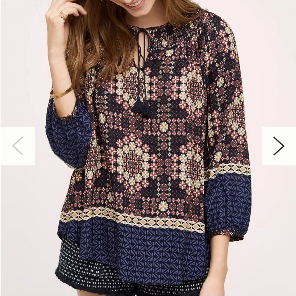 Anthropologie Tylho Kay Peasant Top in Purple Motif Multicolor Geometric Size XS